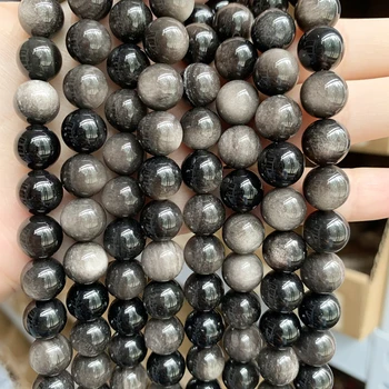 Prírodný Kameň Korálky Strieborná Farba Obsidian Kolo Voľné Korálky Pre Šperky, Takže DIY Náramok Charms Príslušenstvo 15