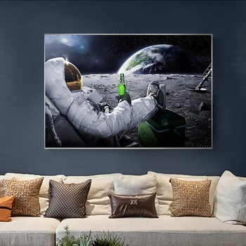 Maliarske plátno Vesmíru Astronauti Relaxačné Pív Mesiac Plagáty a Tlačí na Steny Umenie Fotografie pre Obývacia Izba Domáce Dekorácie