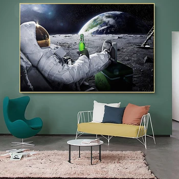 Maliarske plátno Vesmíru Astronauti Relaxačné Pív Mesiac Plagáty a Tlačí na Steny Umenie Fotografie pre Obývacia Izba Domáce Dekorácie