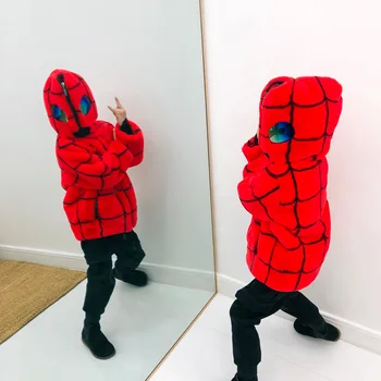 Spider-man Kožušinové Vesty pre Deti Chlapcov 2019 Zimné Deti Umelú Kožušinu Kabát Dievčatá Kapucí Kožušinové Bundy Chlapci Cartoon Teplé Kabáty