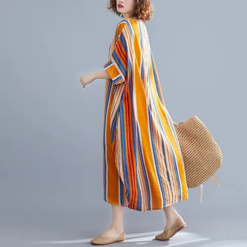 žltá bavlna plus veľkosť vintage prúžok ženy príležitostné voľné dlhé letné slnko šaty elegantné oblečenie 2021 dámske šaty sundress
