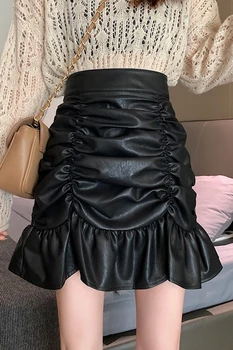 Jeseň 2020 nový skladaný flounce zobraziť tenké zadok čierne kožené sukne s vysokým pásom A-line sukne pre ženy vysokej módy