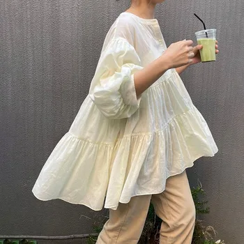 Japonský Čerstvé dámske Blúzky, Voľné Bežné Street Nosiť Košele kórejský Štýl Pevné Ženy Topy 2020 Jeseň Fashion Deväť Bodov Rukáv