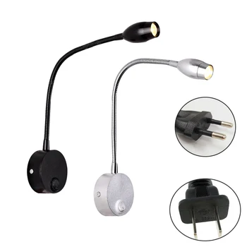 LED Nástenné svietidlo Gombík Prepínač 3W Moderné Spálne Nočná Lampa 90-260V Black Silver Light Body 360-Stupňový Uhol Nastaviteľný nástenné svietidlo