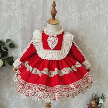 Jeseň Zima Dieťa Dievčatá Kojenecká Vestidos Vianočné Šaty Batoľa Dievča Lolita Červená Slávnostné čipky Princezná Vintage šaty