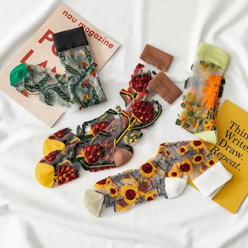 4 Páry Harajuku Čipky Transparentné Ženy Ponožky Crystal Hodváb Tenké Ponožky Žena Roztomilý Kvet Letné Ponožky Módne Oka Ponožky