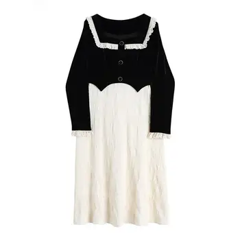[Aurance] Ženy Čipky Patchwork Námestie Golier Vintage Dlhý Rukáv Šaty Žien Čierna Biela Farba Zodpovedajúce Plus Veľkosť Šaty 2021