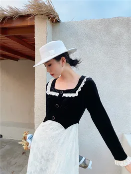 [Aurance] Ženy Čipky Patchwork Námestie Golier Vintage Dlhý Rukáv Šaty Žien Čierna Biela Farba Zodpovedajúce Plus Veľkosť Šaty 2021