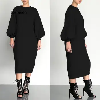 Ženy Jeseň Bežné Šaty Solid Farba Čierna Sivá Dlhé Voľné Dlhé Rukávy Šiat Vestidoes