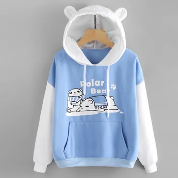 Mikina hoodies Ženy 2020 Patchwork mačka ucho, Dlhý Rukáv Polar Bear SPP Tlač Klokan Kapucňou pulóvre Jeseň jar moletom