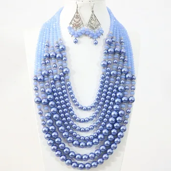 Módny dizajn 7 riadok náhrdelníky náušnice svetlo modrá kolo shell simulované-pearl abacus crystal korálky elegantné diy šperky set B1312