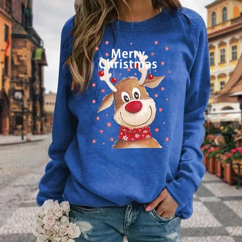 2021 Neue Vianočné Ženy Mikina Bežné Plus Veľkosť Vianočné Elk Tlač Topy Ženy O Krk Dlhý Rukáv Pulóver Streetwear