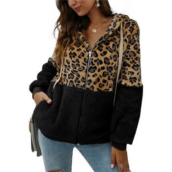 Dámy Teplý Kabát S Kapucňou Ženy Móda Leopard Patchwork Kabát Dámy Plyšové Kabát Nový Jeseň Zima Topy Pre Ženy Plus Veľkosť