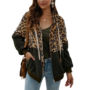 Dámy Teplý Kabát S Kapucňou Ženy Móda Leopard Patchwork Kabát Dámy Plyšové Kabát Nový Jeseň Zima Topy Pre Ženy Plus Veľkosť