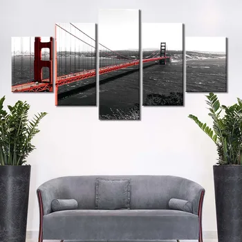 Wall Art, Tlač Plagátov A Vytlačí Plátno, Maľovanie Na Golden Gate Bridge 5 Panelu Obrázok Domova