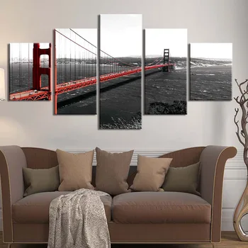 Wall Art, Tlač Plagátov A Vytlačí Plátno, Maľovanie Na Golden Gate Bridge 5 Panelu Obrázok Domova