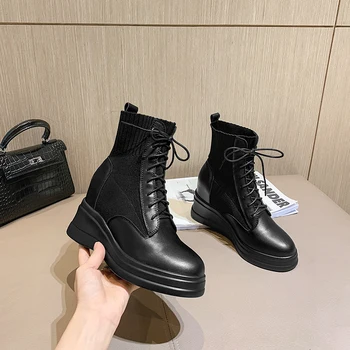 2020 Nové zimné Japonsko Južná Kórea členok Ženy topánky pravej kože 8cm kliny Móda, topánky zvýšené dámske topánky na Vysokej pomoc