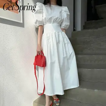 GetSpring Ženy Šaty Elegantné Biele Šaty Lístkového Rukávy Vysoký Pás Prehrabať Vintage Šaty Elegantné Veľká Swing Voľné Dlhé Šaty 2020