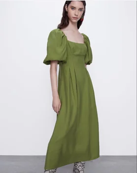 Plus veľkosti 4XL!letné lístkového rukáv šaty Avokádo ženy vysoký pás námestie golier zelená a-line šaty
