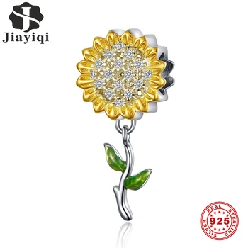 Jiayiqi Slnečnice Zlatá Farba Kúzlo Pre Ženy Strieborný Náramok 925 Sterling Silver Smalt Zelenej Listovej Korálky DIY Príslušenstvo Šperky