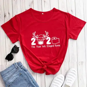 Rok Sme Zostali Doma 2020 Obrázok Vytlačený Na Bavlna dámske Vianočné T Shirt Zábavné Príležitostné O-Krku Pulóver s Krátkym Rukávom Topy