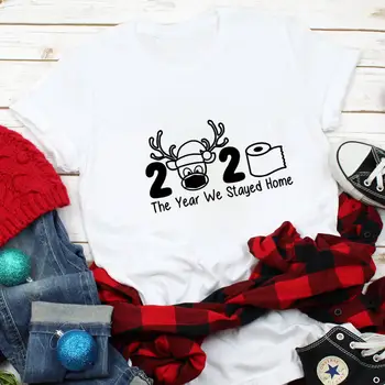 Rok Sme Zostali Doma 2020 Obrázok Vytlačený Na Bavlna dámske Vianočné T Shirt Zábavné Príležitostné O-Krku Pulóver s Krátkym Rukávom Topy