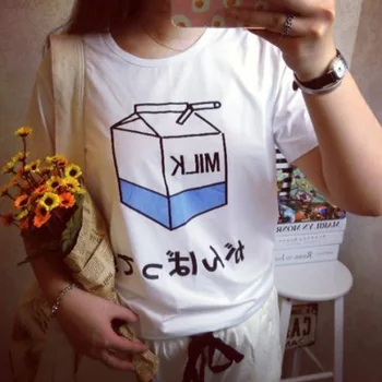 Mlieko, Džús Japanses Estetické Grunge Roztomilý Kreslený T shirt Ženy Harajuku Kawaii Ružové Letné Bežné Tumblr Oblečenie, Módne T-shirt