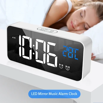 LED Zrkadlo Budík Zvukovo Aktivovaný Hodiny Multifunkčné Nabíjateľná Nočná Hudba Hodiny Dual Alarmy s Spánok Funkcia
