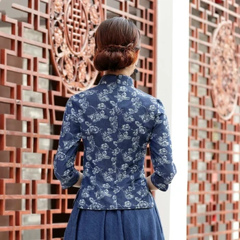 Námornícka Modrá Blúzka Čínsky Košele Denim Modrá Tlač Kvety Qipao Camisa Čína Mujer Klasické Tradičné Topy