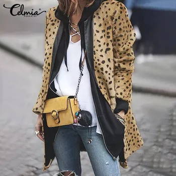 Celmia Ženy Leopard Kabát S Kapucňou 2021 Zimné Dlhý Rukáv Umelú Kožušinu Kabát Vintage Bežné Zips Bundy Plus Veľkosť Voľné Outwears 7