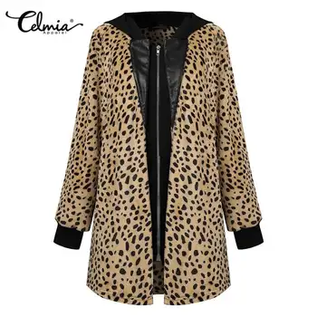Celmia Ženy Leopard Kabát S Kapucňou 2021 Zimné Dlhý Rukáv Umelú Kožušinu Kabát Vintage Bežné Zips Bundy Plus Veľkosť Voľné Outwears 7