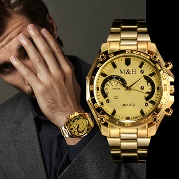 Muži Zlato Módne, Luxusné Značky M&H Quartz Náramkové Hodinky Mužov Vysoko Kvalitnej Ocele pánske Šaty Hodinky reloj hombre relogio masculino