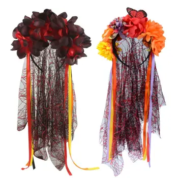 Deň Mŕtvych Závoj Mŕtvola Nevesta Ruže Mexickej Halloween Maškarný Kvet Hairband Hlavový Most Halloween Party Kostým Príslušenstvo