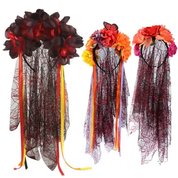 Deň Mŕtvych Závoj Mŕtvola Nevesta Ruže Mexickej Halloween Maškarný Kvet Hairband Hlavový Most Halloween Party Kostým Príslušenstvo