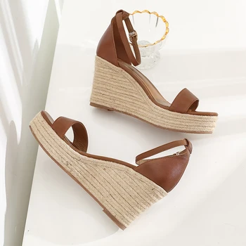 Dámske originálne kožené klin platformu sandále členok popruh vysokým podpätkom lete sandalias elegantné dámske šaty čerpadlá topánky pre ženy