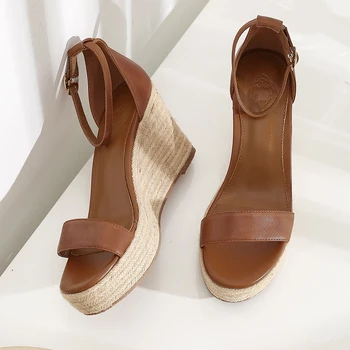 Dámske originálne kožené klin platformu sandále členok popruh vysokým podpätkom lete sandalias elegantné dámske šaty čerpadlá topánky pre ženy