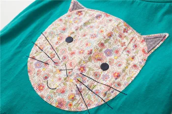 Malý Maven Nové Jeseň Jar Deti Zelená Big Cat Hlavu Nášivka O-krku Full - rukávy Bavlna Pletené Dievčatá Bežné Tričká Topy