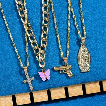 4Pcs Ženy Viacvrstvových Zlatý Náhrdelník Motýľ Pištole Kríž Crystal Panny Márie, Náhrdelníky, Prívesky Clavicle Reťazca Šperky, Darčeky