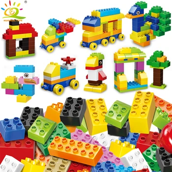 HUIQIBAO Kreatívne HOBBY Veľká Veľkosť Farebné Stavebné Bloky Kompatibilné Duploed vlak zvierat truck Tehly Vzdelávania hračka pre deti,