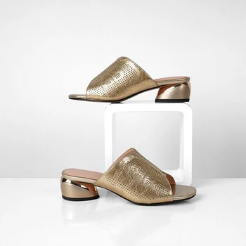 Mäkké kožené pohodlné papuče striebro hrubé podpätky ženské vysoké podpätky sandále 2020 lete pol papuče ležérne topánky 34--42