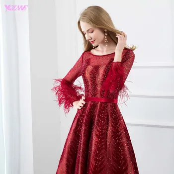 YQLNNE Couture Víno Červené Perie Večerné Šaty Celý Rukáv Velvet Crystal Korálkové Formálne Ženy Večer Party Šaty na Zips Späť