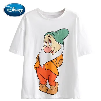 Disney Módne snehulienka a Sedem Trpaslíkov List Cartoon Bielej Tlače T-Shirt O-Krku Pulóver s Krátkym Rukávom Ženy Tee Topy