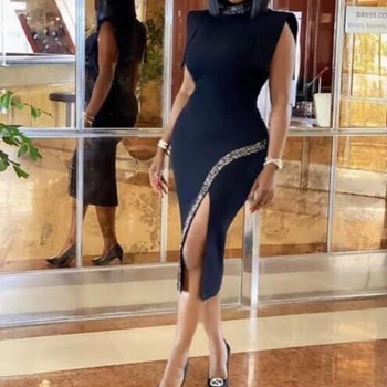MD Sexy Bodycon Split Šaty Štíhle Pevné Večer Party Šaty Módne Office Dámy 2020 Jeseň Africkej Ženy Plus Veľkosť Oblečenie