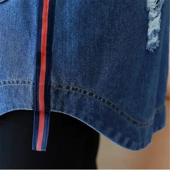 Ženy Bežné Kapucňou Denim Jacket Módne Otvory Lady Stredne Dlhý Slim Džínsy Kabát Plus Veľkosť Windbreaker