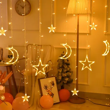 LED Star Mesiac Cencúľ Lampy Opona a Výzdoba 3,5 M Víla String Svetelné Girlandy Vianočné Dovolenku Domov Nový Rok Svadobné EÚ 220V