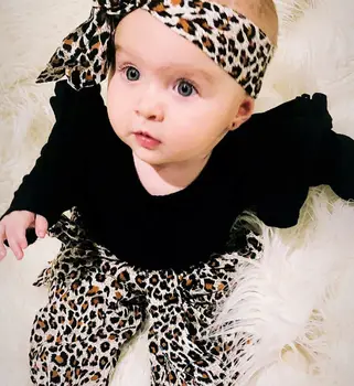 3M-3roky Baby Girl Leopard Tlač Topy Novorodenca Romper Dievčatá Dlhý Rukáv, Nohavice, Klobúk Oblečenie Deti Lietať-Rukáv Šaty Dieťa Sada 3ks