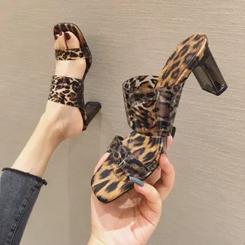 2020 Nové Letné Sandále, Papuče - line s otvorenou Špičkou Leopard Robustný Päty Sandále Plastové Vysokým Podpätkom Muller Topánky Ženy