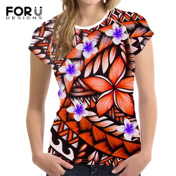 FORUDESIGNS Orange Tranditional Polynézskej Tribal Ibištek Tlače O-Neck Fashion Voľné T-Shirt Bežné Dievča Plus Veľkosť Krátky Rukáv