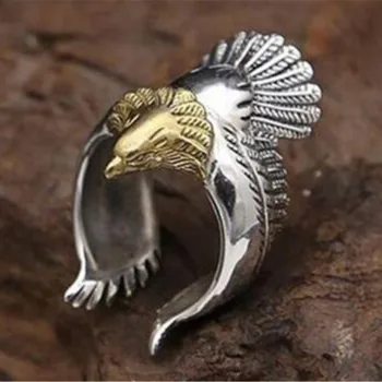 Buyee 925 Silver Mužov Jedinečný Krúžky Golden Eagle Hlavu Živé Otvoriť Krúžok pre Mužov Rock, Punk Zvierat Šperky
