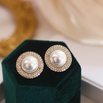 Luxusné Lesklé Drahokamu Crystal Veľké Okrúhle Náušnice Elegantné Simulácia Perly Stud Náušnice Pre Ženy, Svadobné Party Šperky, Darčeky